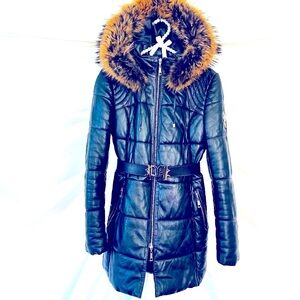 Precious Leather Puffer Coat with Removable Fur Hood & Belt (from France)